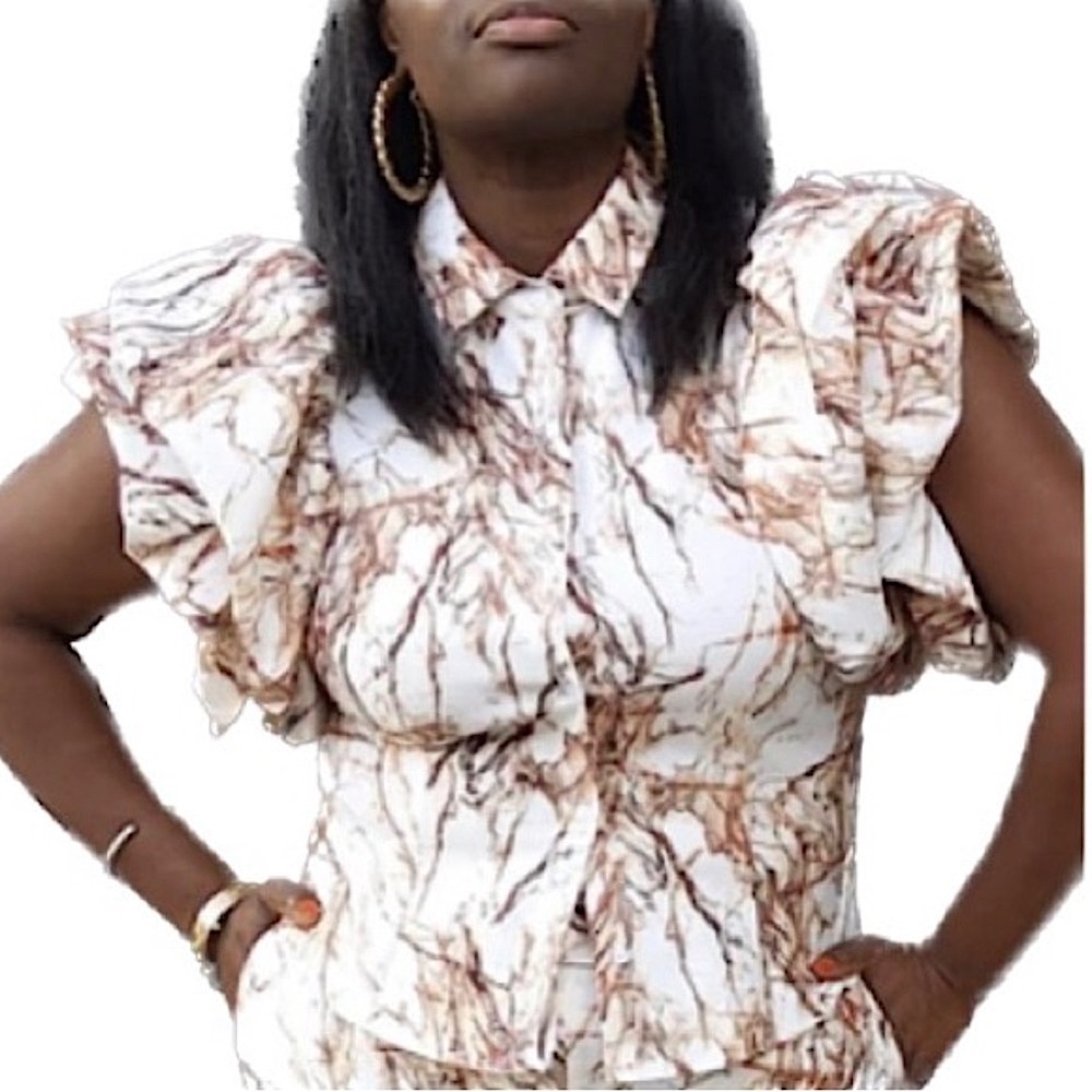 A.Peach Women’s Puff Sleeve Marble Button Down Shirt